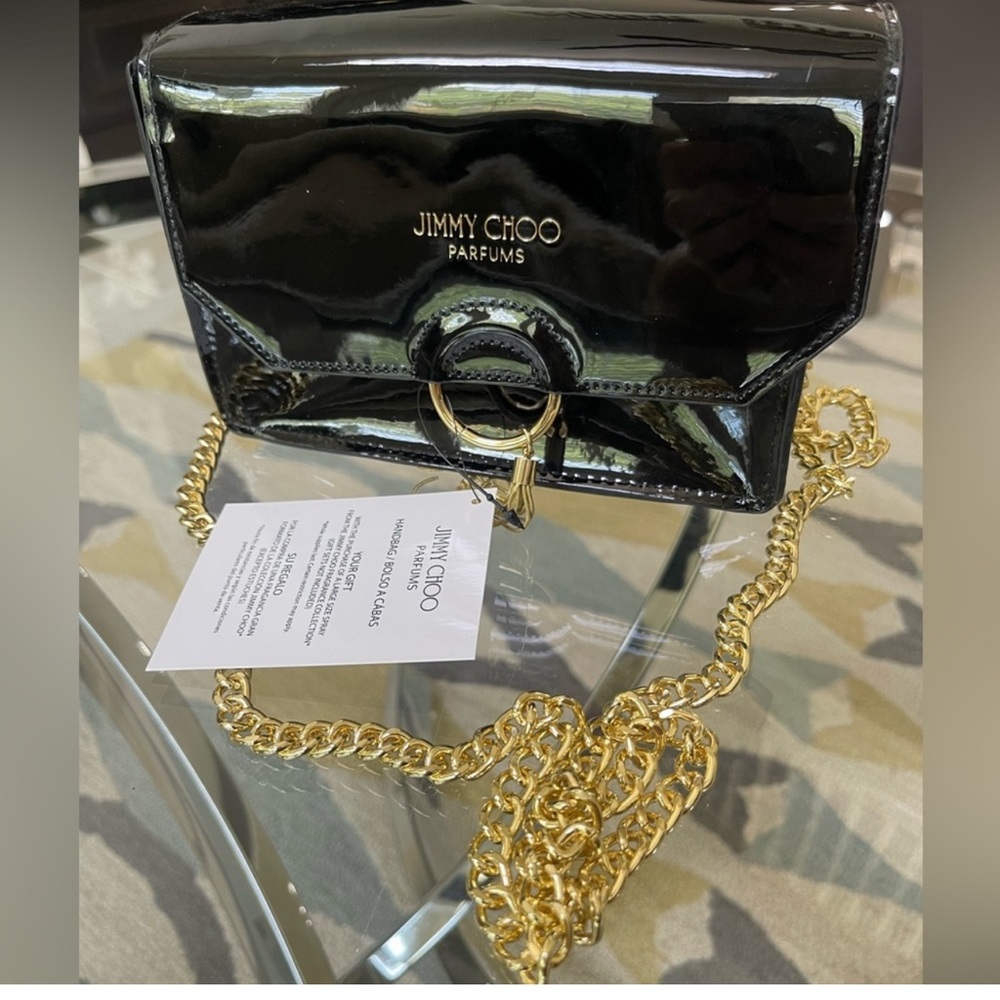 👜Black Jimmy Choo Parfums over the shoulder purse with gold chain strap! - Picture 4 of 7